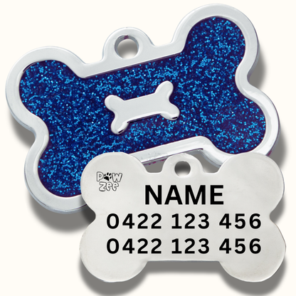 GLITTER BONE PET ID TAG - BLUE
