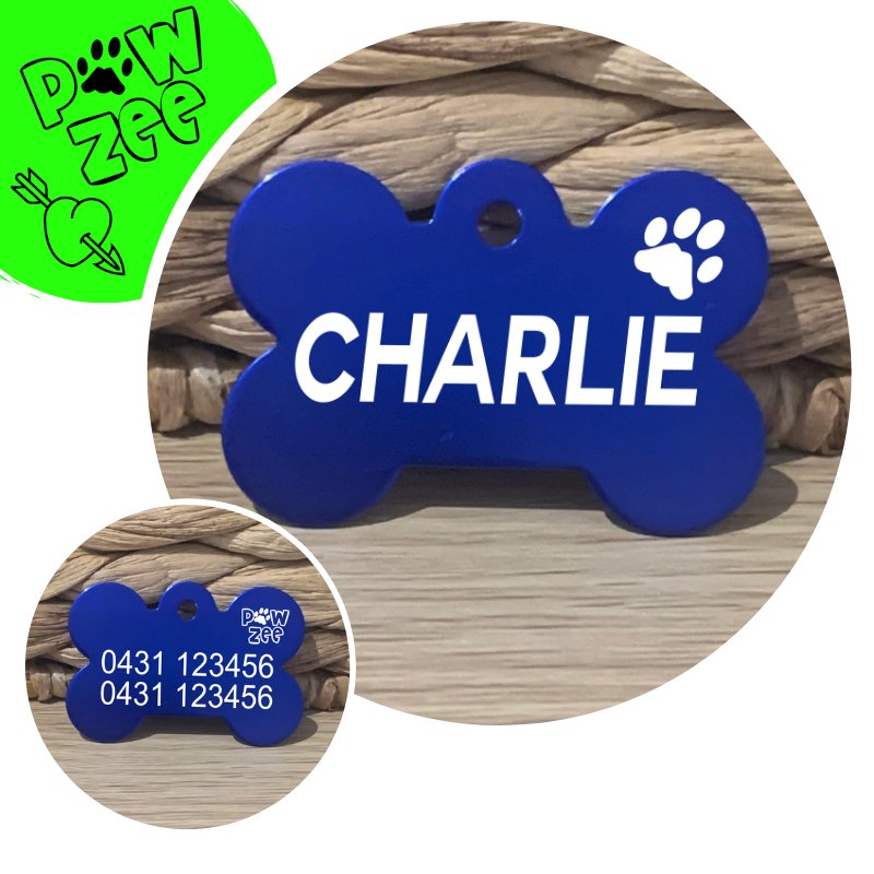 Engraved Dark Blue Bone Pawzee Light Pet Tag - Pet ID Tags