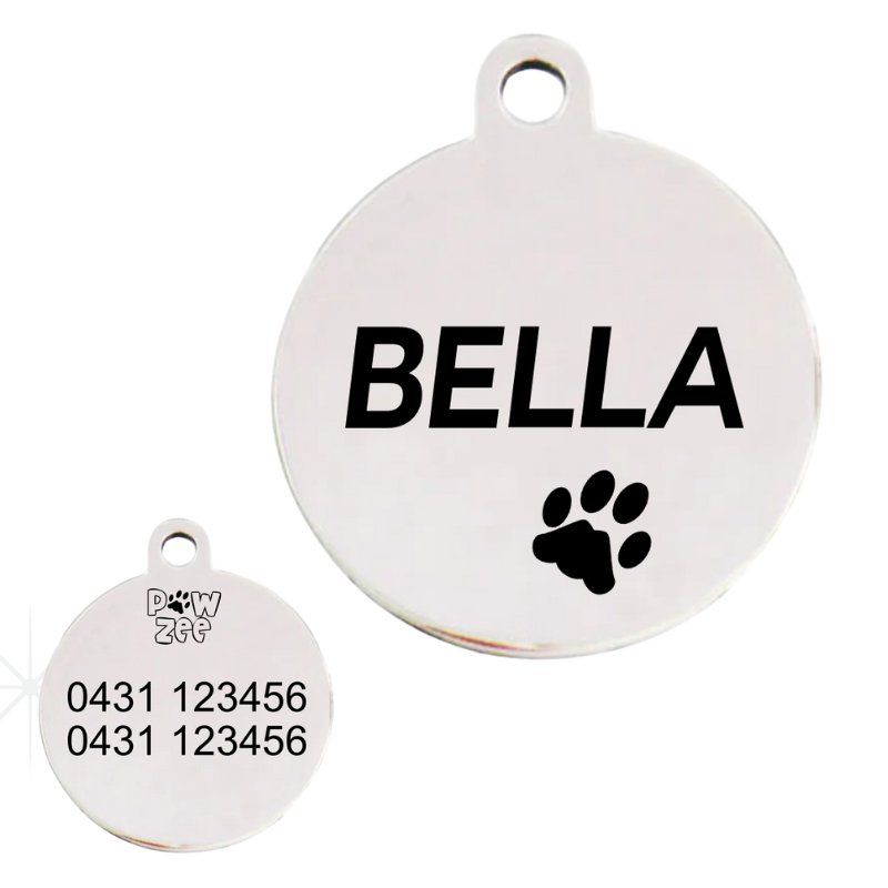 Personalized Stainless Steel Dogs Tag Round by Pawzee, featuring a clean design with space for names and numbers.