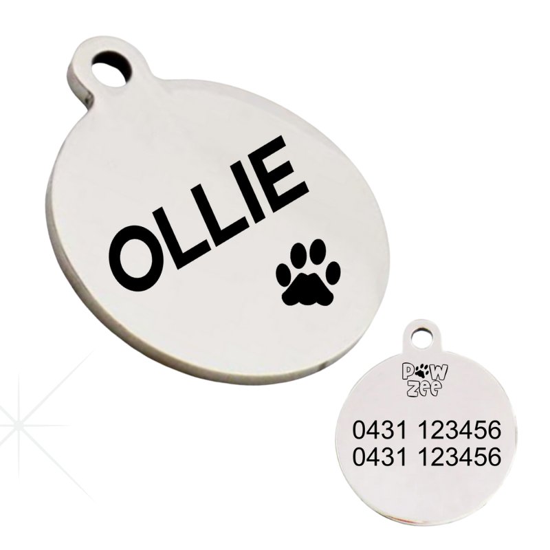 Personalized Stainless Steel Dogs Tag Round featuring paw print and name, perfect for pet safety and style.