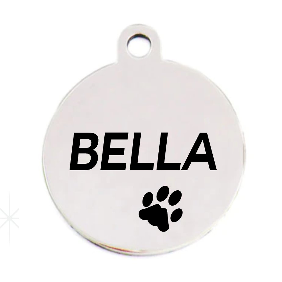 Personalized Stainless Steel Dogs Tag Round featuring the name "BELLA" and a paw print design for pet identification.
